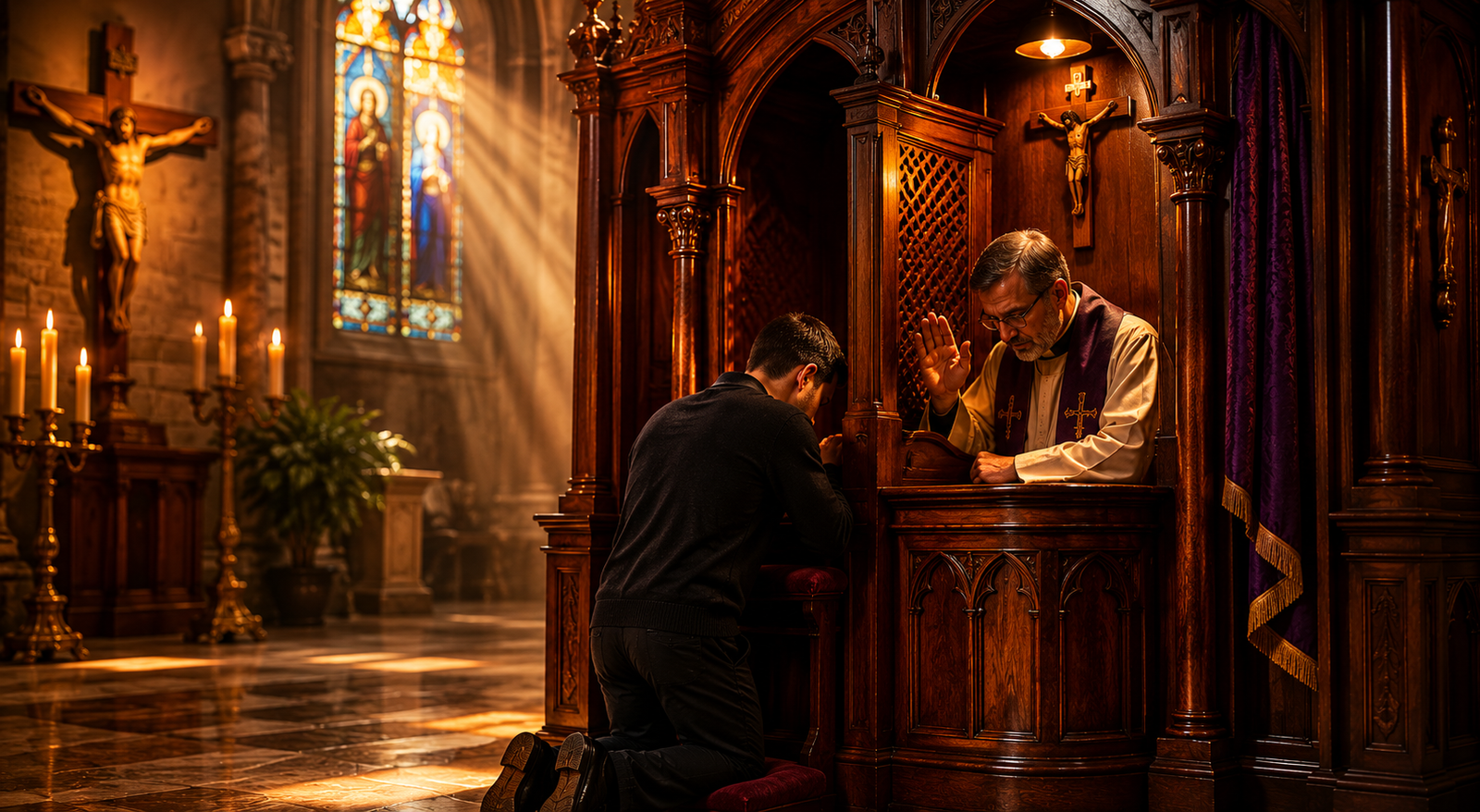 Sacerdote administrando o sacramento da Confissão